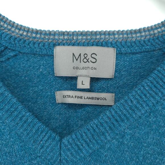 M&S Collection Mens Blue Teal 100% Extra Fine Lambswool Cozy Sweater V-Neck| L - Picture 4 of 10
